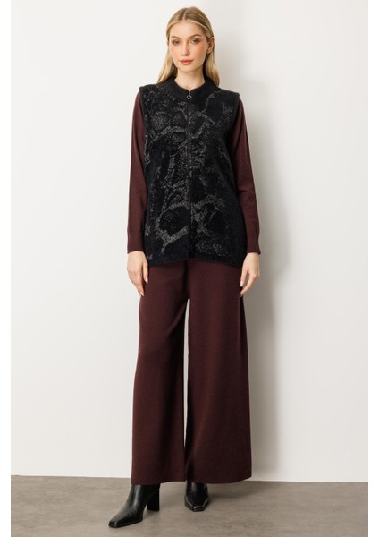 Kadın Yılan Desen Triko Yelek Siyah-Füme 20196