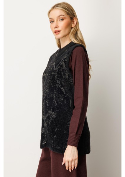 Kadın Yılan Desen Triko Yelek Siyah-Füme 20196 modelleri