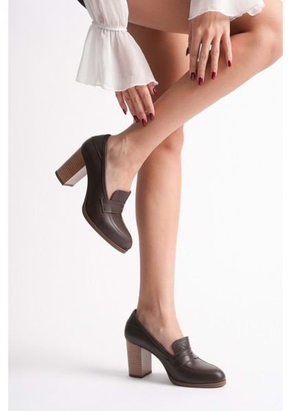 Kadın Hakiki Deri Saraçlı Klasik Topuklu Ayakkabı - Kahve modelleri