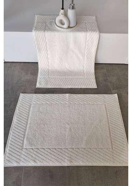 2'li Diyagonal Çizgili Ayak Havlusu Seti - %100 Pamuk Havlu Takımı - 50X70 cm - Krem