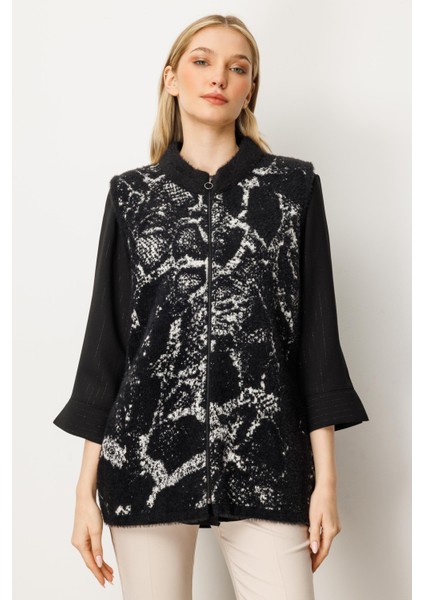 Kadın Yılan Desen Triko Yelek Siyah-Ekru 20196