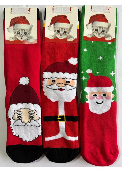 Yeni Yıl, Yılbaşı, Noel, Renkli Havlu Çoraplar, Geyikli, Noel Babalı, Desenli 3 Lü Paket (3 Adet)