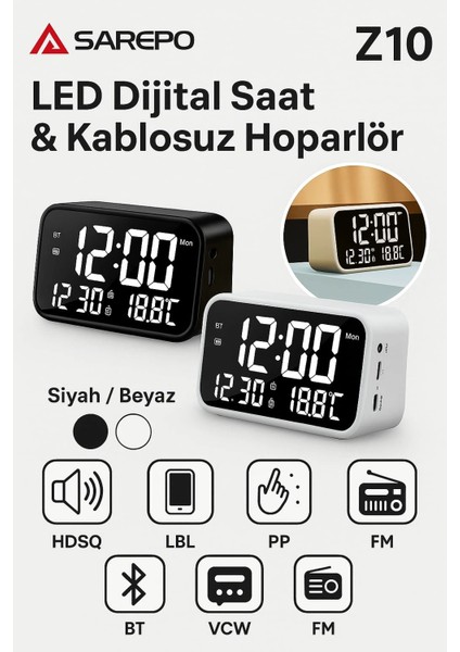 Z10 LED Dijital Saat & Kablosuz Hoparlör | Bluetooth 5.0 | Fm Radyo | Termometre