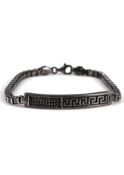 925 Ayar Gümüş Oniks Taşlı Grek Motifli Küp Zincir Bileklik