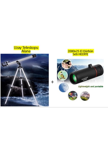 Profesyonel Astronomik Uzay Gezegen Ay Yıldız Gözlemi Için Teleskop Alana +2000X25 El Dürbünü Hediye