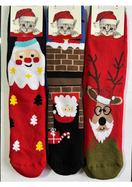 Yeni Yıl, Yılbaşı, Noel, Renkli Havlu Çoraplar, Geyikli, Noel Babalı, Desenli 3 Lü Paket (3 Adet)