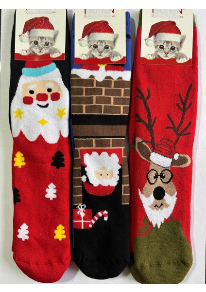 Yeni Yıl, Yılbaşı, Noel, Renkli Havlu Çoraplar, Geyikli, Noel Babalı, Desenli 3 Lü Paket (3 Adet) fiyatları