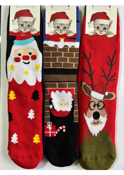 Yeni Yıl, Yılbaşı, Noel, Renkli Havlu Çoraplar, Geyikli, Noel Babalı, Desenli 3 Lü Paket (3 Adet) modelleri
