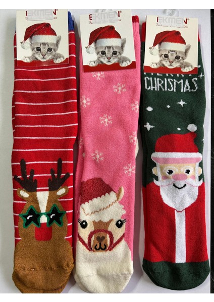 Yeni Yıl, Yılbaşı, Noel, Renkli Havlu Çoraplar, Geyikli, Noel Babalı, Desenli 3 Lü Paket (3 Adet) fiyatları