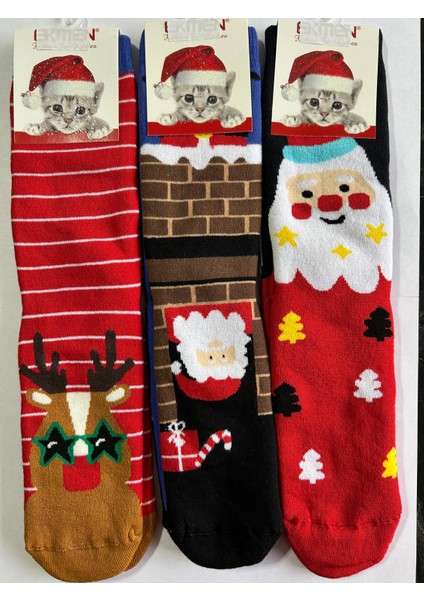 Yeni Yıl, Yılbaşı, Noel, Renkli Havlu Çoraplar, Geyikli, Noel Babalı, Desenli 3 Lü Paket (3 Adet)