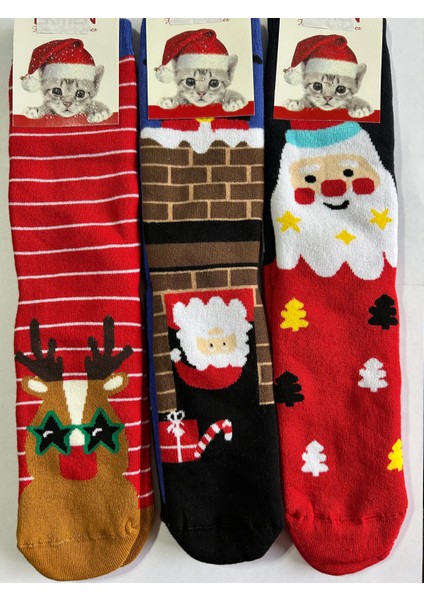 Yeni Yıl, Yılbaşı, Noel, Renkli Havlu Çoraplar, Geyikli, Noel Babalı, Desenli 3 Lü Paket (3 Adet) fiyatları
