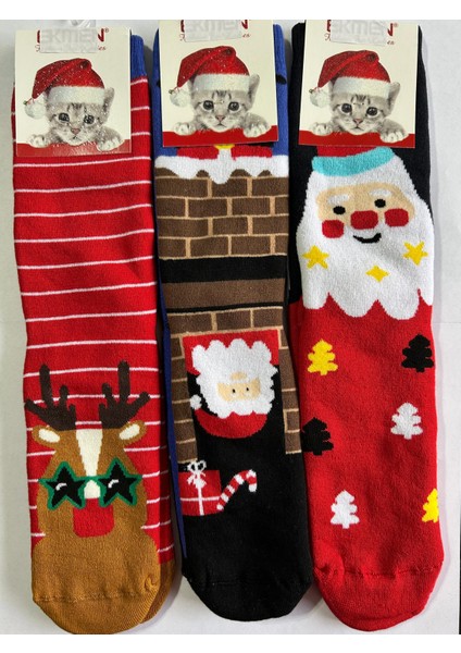 Yeni Yıl, Yılbaşı, Noel, Renkli Havlu Çoraplar, Geyikli, Noel Babalı, Desenli 3 Lü Paket (3 Adet) modelleri