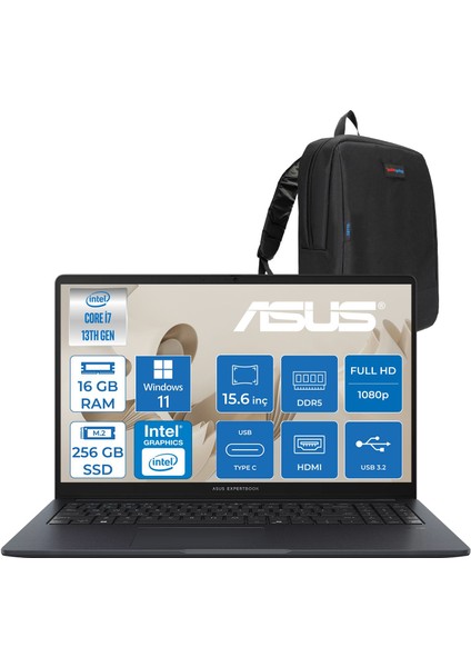 Expertbook B1 B1503CVA-S75438 Intel Intel® Core™ I7-13620H 16GB Ddr5 256GB SSD 15.6"fhd (1920 x 1080) WIN11PRO Taşınabilir Bilgisayar S75438P01+ZETTAÇANTA