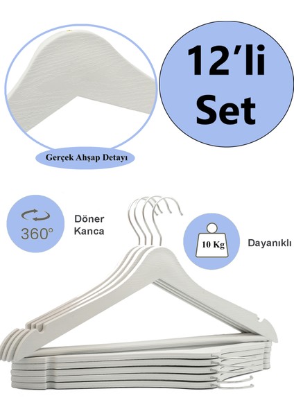12 Adet Beyaz Ahşap Görünümlü Plastik Askı Kıyafet Elbise Gömlek Askısı Silver Kancalı