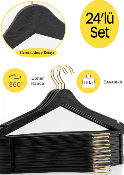 12 Adet Siyah Ahşap Görünümlü Plastik Askı Kıyafet Elbise Gömlek Askısı Gold Kancalı