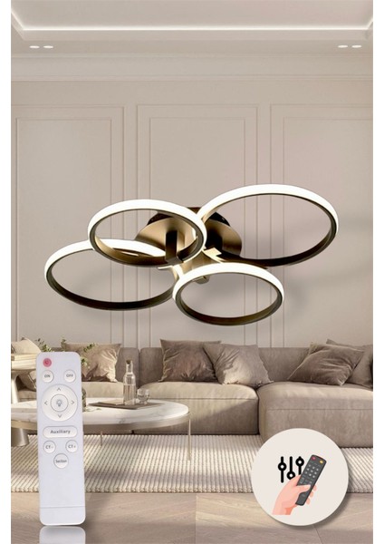 Modern 4'lü Yuvarlak Siyah Model Kumandalı 3 Renk (Beyaz / Sarı / Günışığı) Lüks LED Avize