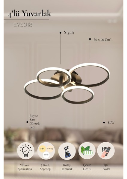 Modern 4'lü Yuvarlak Siyah Model Kumandalı 3 Renk (Beyaz / Sarı / Günışığı) Lüks LED Avize fiyatları