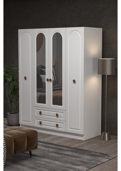 Bohem 4 Kapak 2 Çekmece Aynalı Gardırop Mdf Kapak