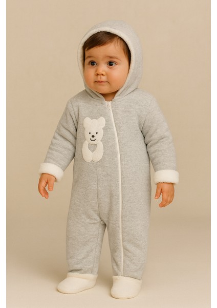 Bebek Teddy Desenli Içi Peluş Kapüşonlu Tulum Gri