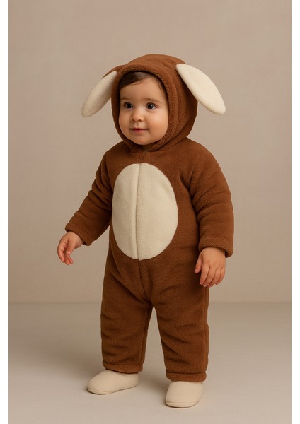 Bebek Tavşan Kulaklı Kapüşonlu Peluş Tulum Kahverengi