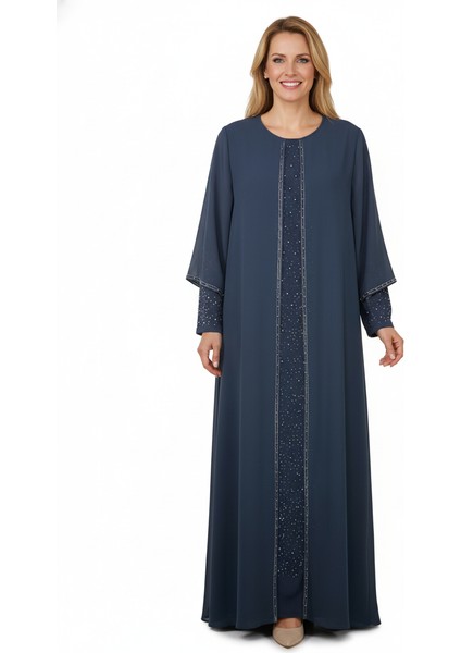 Kadın Anne Abiye Elbise Şifonlu Taş Işlemeli Düğün Nişan Özel Gün Rahat Kalıp