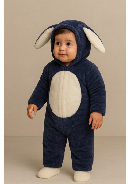 Bebek Tavşan Kulaklı Kapüşonlu Peluş Tulum Lacivert