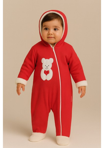 Bebek Teddy Desenli Içi Peluş Kapüşonlu Tulum Kırmızı