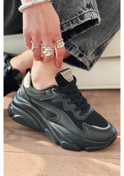 ZRİN-149 Siyah Platin Bağcıklı Fileli Günlük Premium Kadın Sneaker