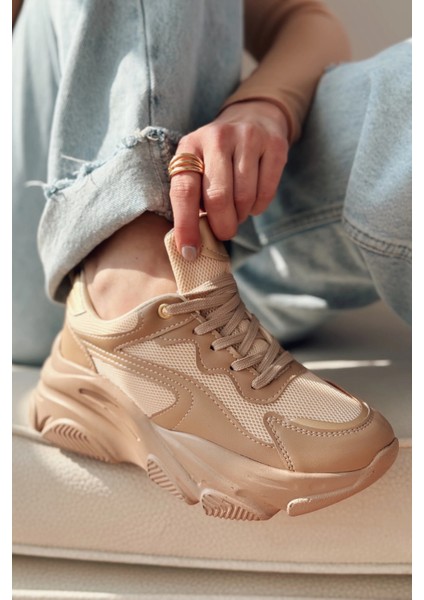 ZRİN-149 Nut Gold Bağcıklı Fileli Günlük Premium Kadın Sneaker