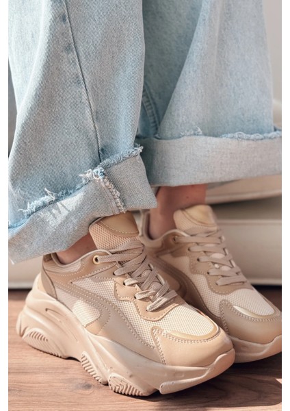 ZRİN-149 Nut Gold Bağcıklı Fileli Günlük Premium Kadın Sneaker modelleri