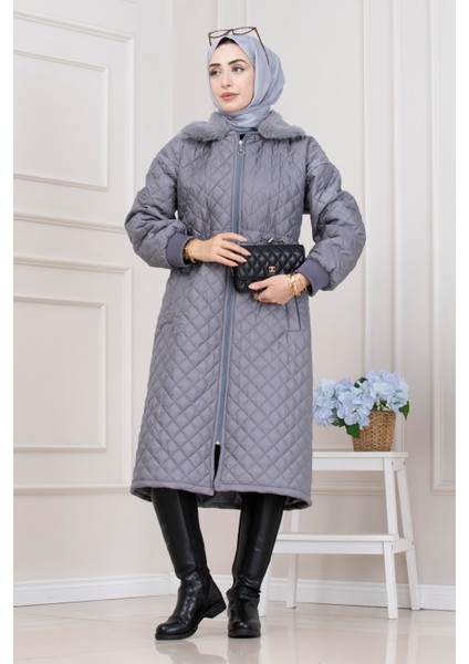 Yakası Kürklü Capitone Mont-Gri