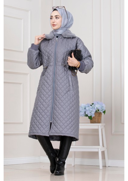 Yakası Kürklü Capitone Mont-Gri fiyatları