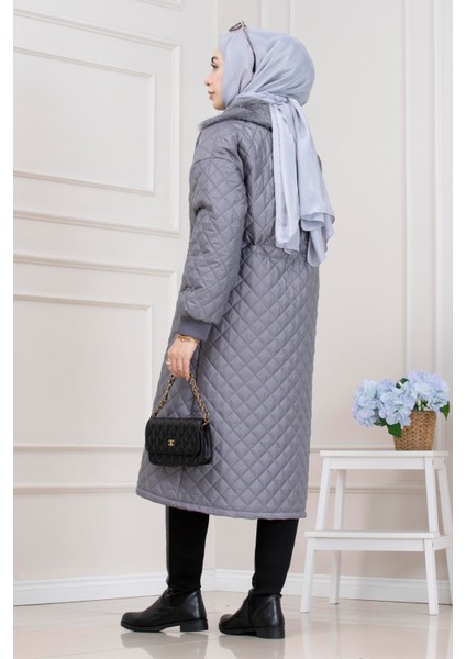 Yakası Kürklü Capitone Mont-Gri indirimleri