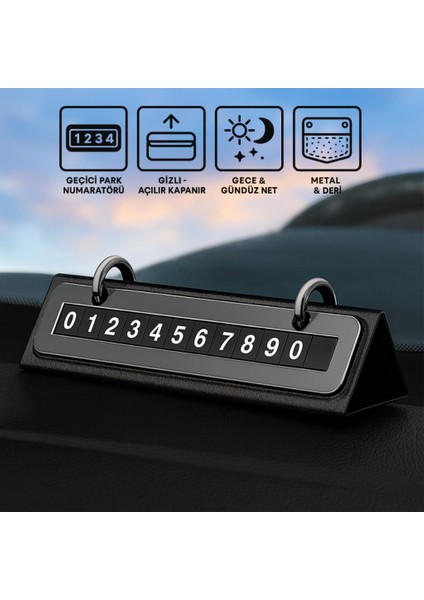 Metal & Deri Gövdeli Gizli Açılır Kapanır Geçici Park Numaratörü – Gece Gündüz Net Görünür