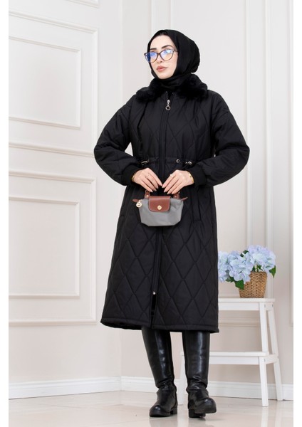 Yakası Kürklü Capitone Mont-Siyah