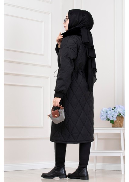 Yakası Kürklü Capitone Mont-Siyah indirimleri