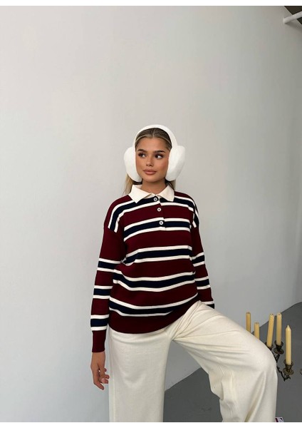 Bordo Çizgili Polo Yaka Triko Kazak