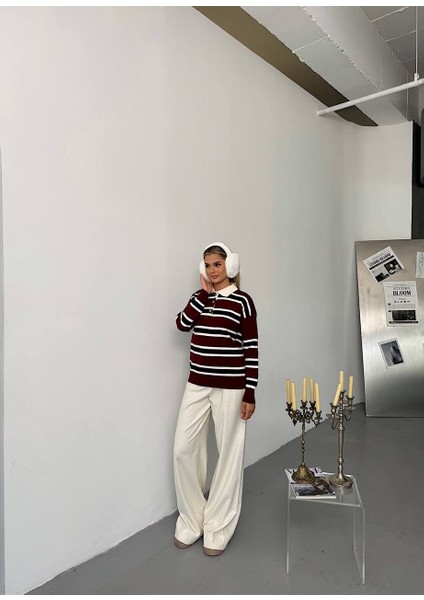 Bordo Çizgili Polo Yaka Triko Kazak fiyatları