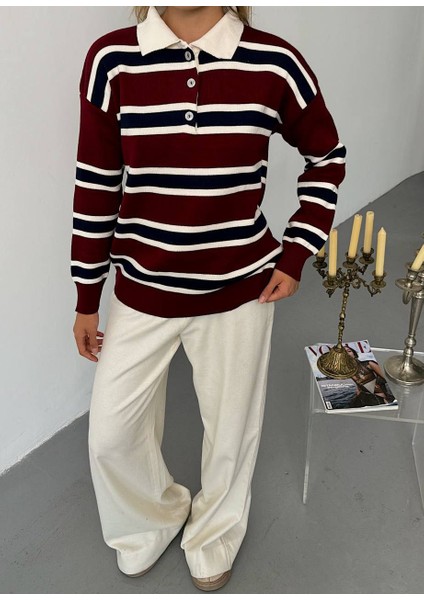 Bordo Çizgili Polo Yaka Triko Kazak modelleri