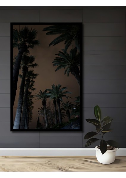 Çerçeve Görünümlü Dekoratif Ahşap Kare Palmiye Ağaçları Gecesi Tablosu Ev/ofis/işyeri Tablo