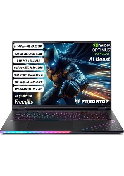 Predator PH18-73 Core Ultra 9 275HX 128 GB 3TB RTX5080-16 GB 18'' WQXGA IPS 250Hz Freedos NH.QVZEY.001