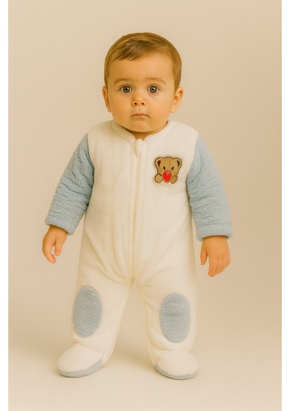 Bebek Teddy Desenli Peluş Tulum Mavi