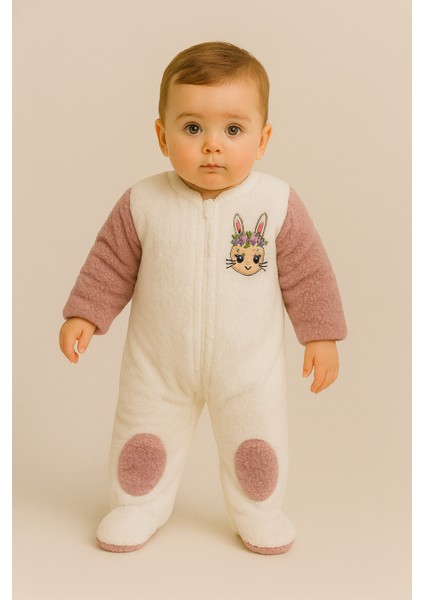 Kız Bebek Tavşan Desenli Kulaklı Peluş Tulum Mor