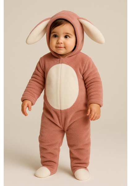 Kız Bebek Tavşan Kulaklı Kapüşonlu Peluş Tulum Pembe