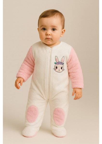 Kız Bebek Tavşan Desenli Kulaklı Kapüşonlu Peluş Tulum Pembe