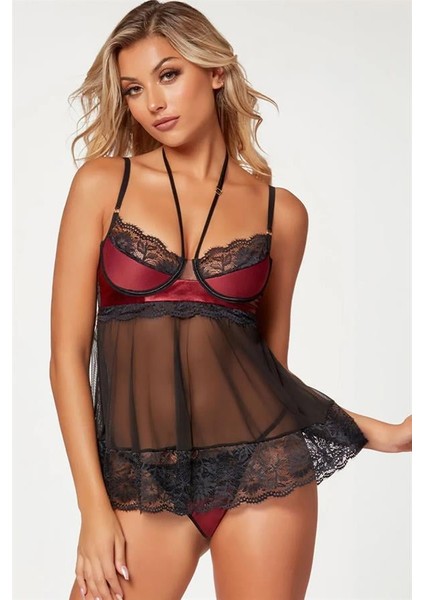 Arias Closet Bordo Dantel Işlemeli Fantezi Gecelik