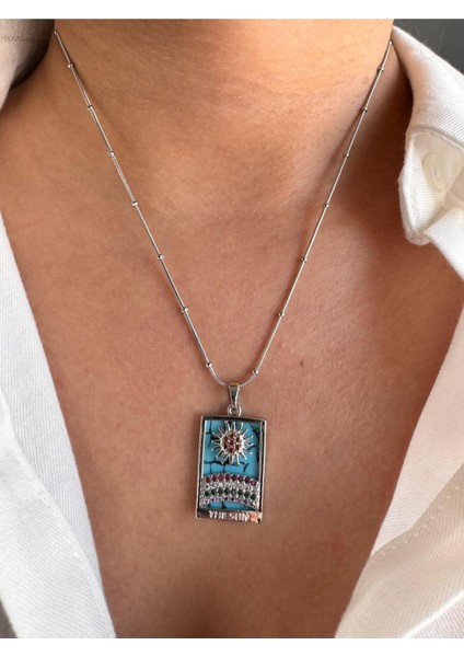 316L Gümüş Renk Zirkon Taşlı Güneş Figürlü Tarot Kolye