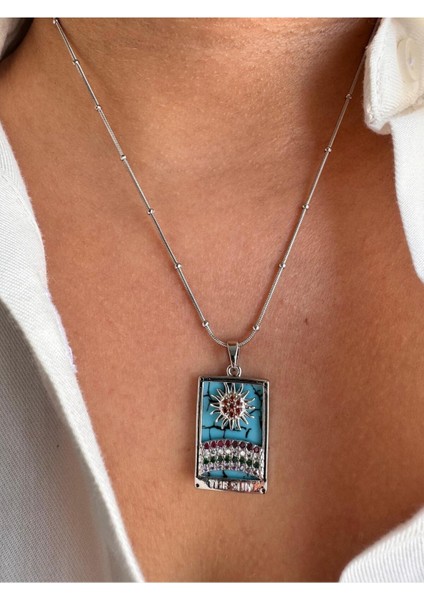 316L Gümüş Renk Zirkon Taşlı Güneş Figürlü Tarot Kolye modelleri
