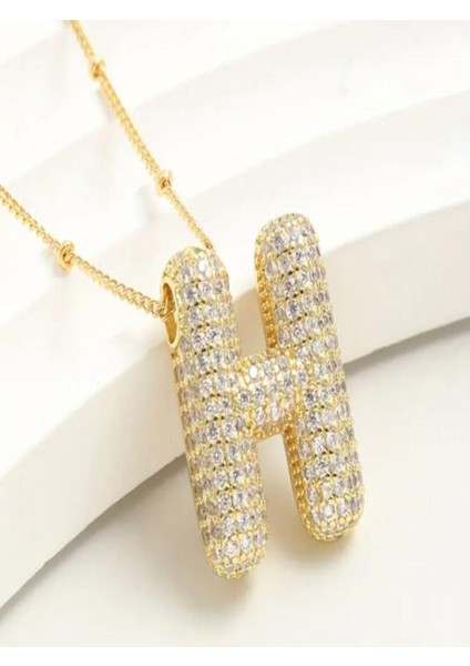 H&s Kadın Çelik Gold Taşlı Balon Harf Kolye ( H Harfi )