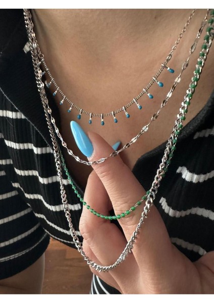 Çelik Mavi Yeşil Mineli Kolye